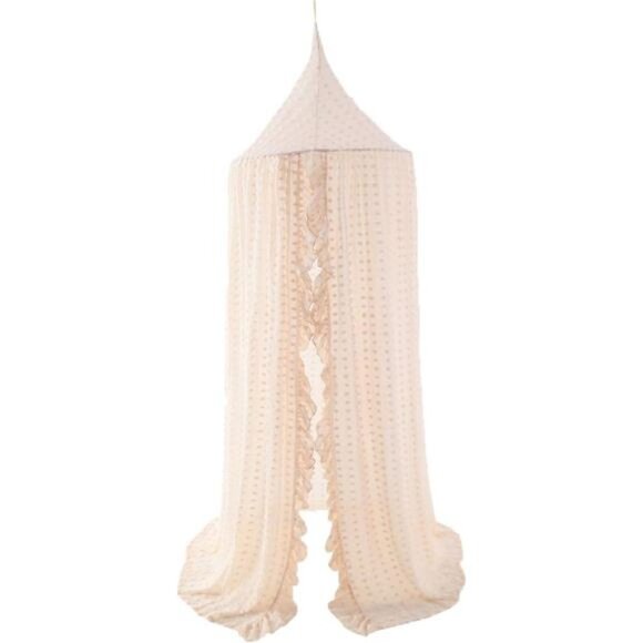 Elegant Kids Bed Canopy - Lace Chiffon Netting with Pom Pom, Princess Girls Tent - Picture 1 of 7